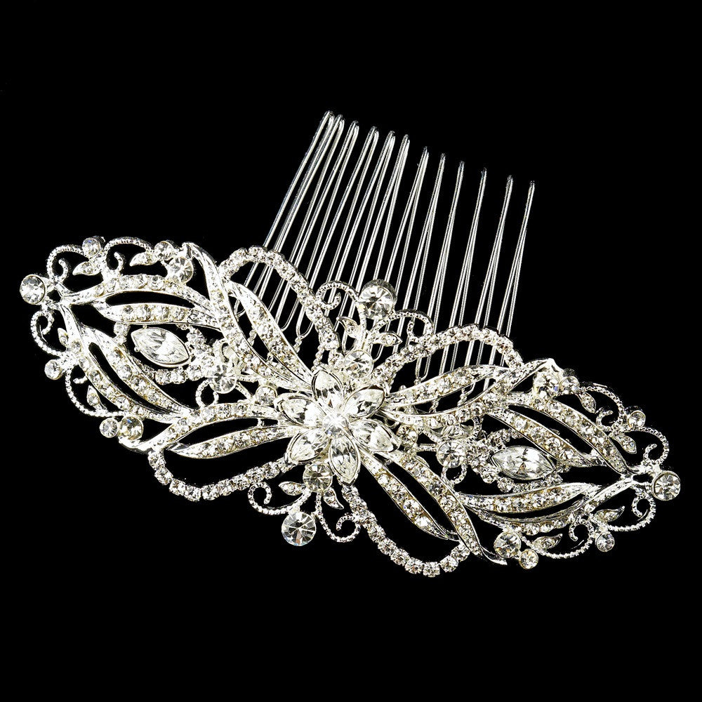 Silver Clear Rhinestone Floral Butterfly Bridal Wedding Hair Comb