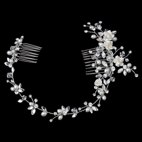 Silver Ivory & Rum Flower Bridal Wedding Hair Comb with Rhinestones & Swarovski Crystal Beads