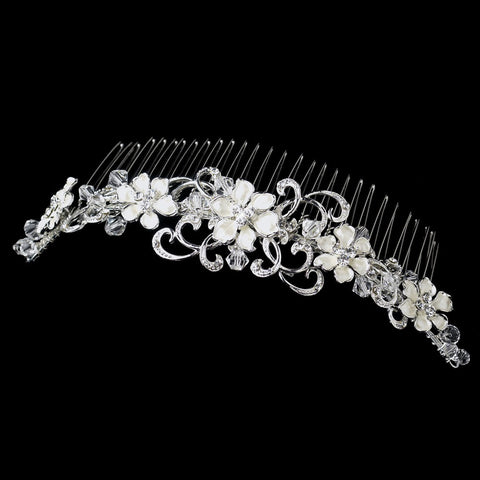 Silver Clear Rhinestone & Swarovski Crystal Bead Flower Swirl Bridal Wedding Hair Comb