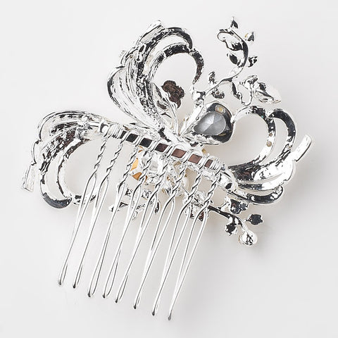 Silver Flower Gemstone & Rhinestone Swirl Bridal Wedding Hair Comb