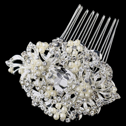 Silver Floral Gemstone Bridal Wedding Hair Comb with Rhinestones & Pearls
