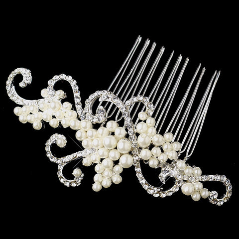 Silver Ivory Swirl Bridal Wedding Hair Comb with Rhinestones & Pearls