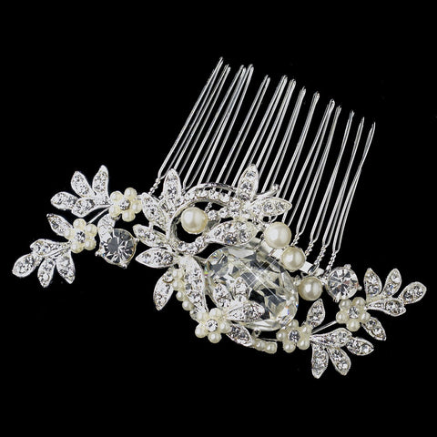 Silver Clear Floral Gemstone Bridal Wedding Hair Comb with Rhinestones & Pearls