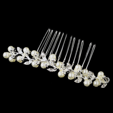 Silver Clear Leaf Bridal Wedding Hair Comb with Rhinestones & Pearls