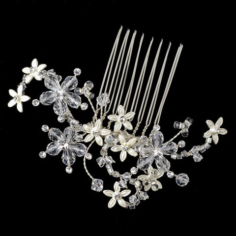 Silver White Flower Bridal Wedding Hair Comb with Rhinestones & Swarovski Crystal Beads