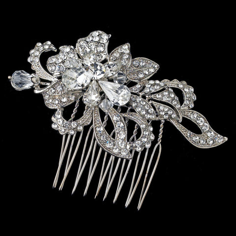 Rhodium Clear Flower Rhinestone & Swarovski Crystal Bead Bridal Wedding Hair Comb