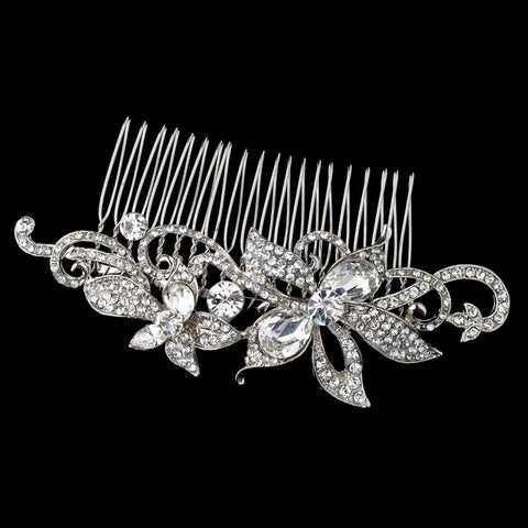 Rhodium Clear Floral Bridal Wedding Hair Comb with Rhinestones & Gemstones
