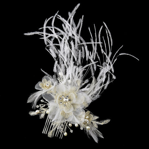 Ivory Flower Feather Bridal Wedding Hair Comb with Swarovski Crystal Beads, Rhinestones & Freshwater Pearls