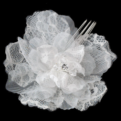 Sheer Organza Lace Ivory Flower Bridal Wedding Hair Comb with Rhinestones & Swarovski Crystal Beads