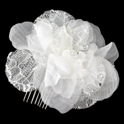 Silver White Lace & Sheer Organza Flower Bridal Wedding Hair Comb with Rhinestones, Sequins & Swarovski Crystal Beads