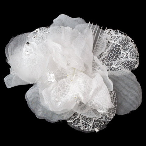 Silver White Lace & Sheer Organza Flower Bridal Wedding Hair Comb with Rhinestones, Sequins & Swarovski Crystal Beads