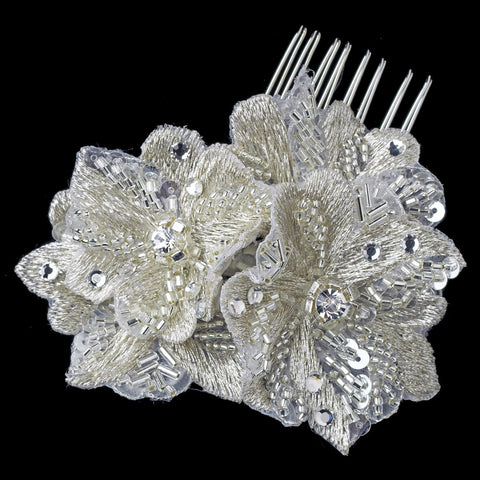 Silver Ivory Thread Flower Bridal Wedding Hair Comb with Sequins, Rhinestones & Beads