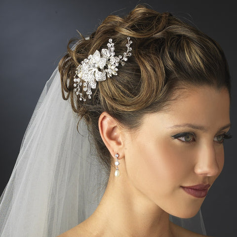 Silver Ivory Flower Vine Bridal Wedding Hair Comb with Rhinestones & Freshwater Pearls