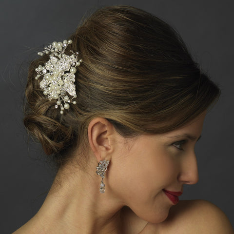 Silver Clear Rhinestone Flower Bridal Wedding Hair Clip with Pearl Accents