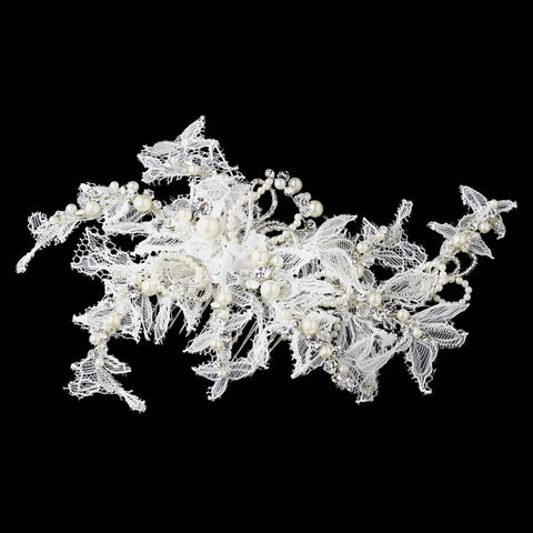 Floral Ivory Lace Bridal Wedding Hair Comb with Rhinestones & Swarovski Crystal Beads