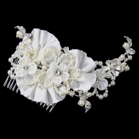 Silver Satin Organza Flower Bridal Wedding Hair Comb with Pearls & Rhinestones