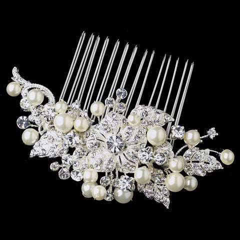 Silver Flower Bridal Wedding Hair Comb with Rhinestones & Pearls
