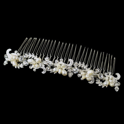 Silver Ivory Floral Bridal Wedding Hair Comb with Rhinestones & Freshwater Pearls
