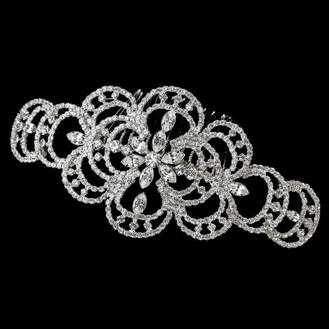 Silver Clear Rhinestone Mod Floral Bridal Wedding Hair Comb