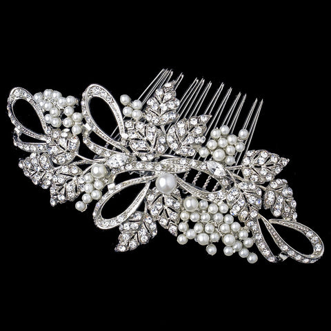 Rhodium Floral Leaf Bridal Wedding Hair Comb with Rhinestones & Pearls