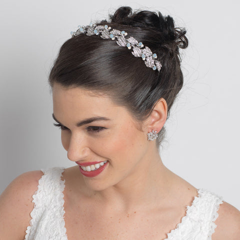Rhodium Leaf Bridal Wedding Headband with Opal Accents 2256