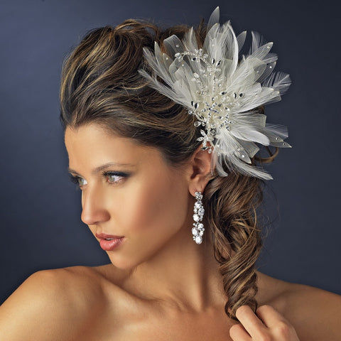 Ivory Mesh Feather Fascinator Bridal Wedding Hair Clip with Clear Rhinestones & Swarovski Crystal Beads
