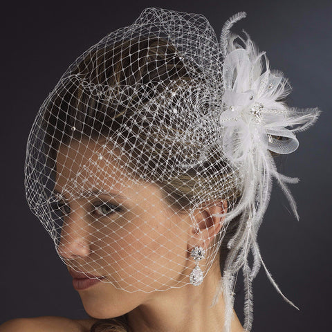 * Jeweled Feather Fascinator V Cage 3631 w/ Russian Bridal Wedding Veil