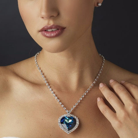 Silver Blue Crystal Heart of the Ocean ""Titanic"" Inspired Heart Bridal Wedding Necklace 71245