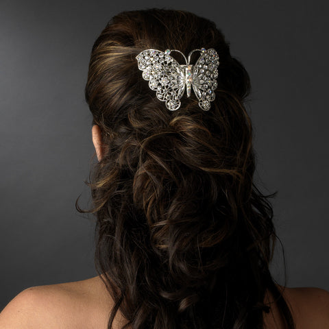 Silver Black Rhinestone Butterfly Bridal Wedding Hair Barrette 5090 XXL