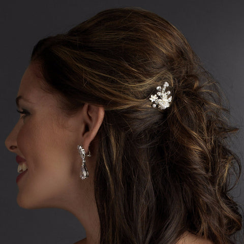 * Fabulous Gold Clear Crystal & White Pearl Flower Bridal Wedding Hair Pin 796