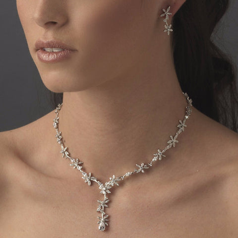 Stunning Silver Clear Crystal Floral CZ Bridal Wedding Necklace N 2621