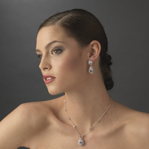 Rhodium Sapphire & Clear CZ Teardrop Crystal Dangle Bridal Wedding Earrings 5828