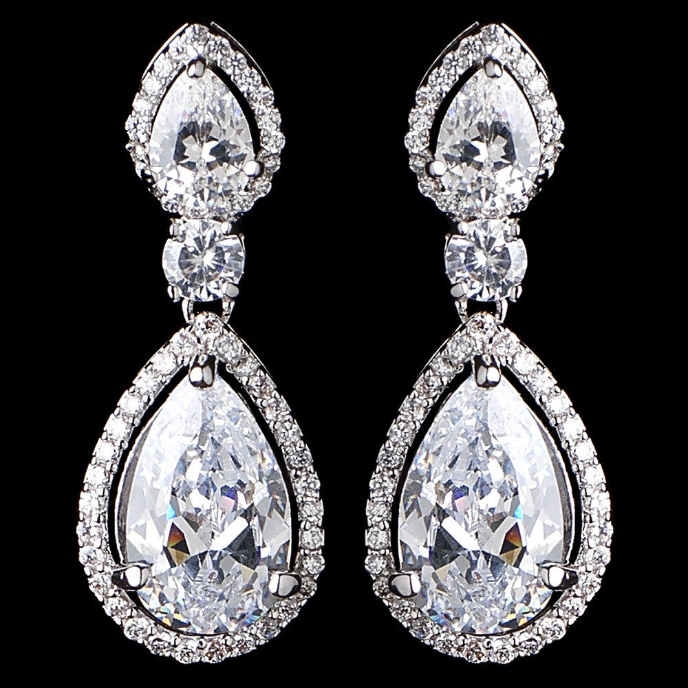 Silver Clear CZ Crystal Teardrop Bridal Wedding Earrings