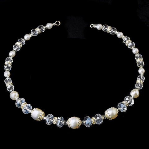 Silver Clear Crystal, Rhinestone & Diamond White Pearl Bun Bridal Wedding Headband