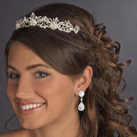 Gold Clear Swarovski Crystal, Rhinestone & Freshwater Pearl Bridal Wedding Tiara Headpiece 1090