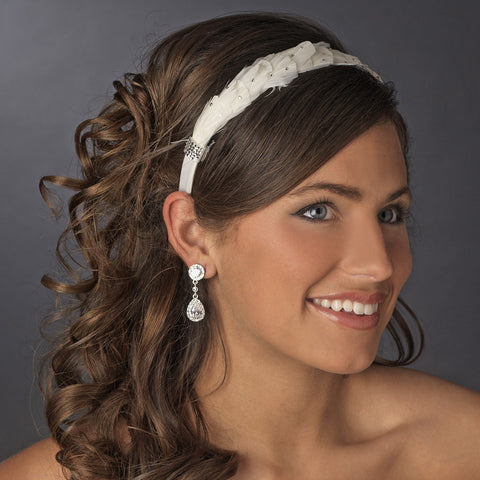 Feather & Rhinestone Accented Bridal Wedding Headband HP 612 (White or Ivory)