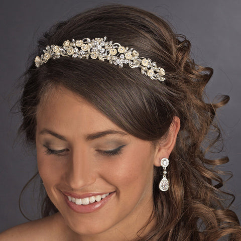 Silver Floral Rhinestone Champagne Elegance Bridal Wedding Pearl Bridal Wedding Headband 7539
