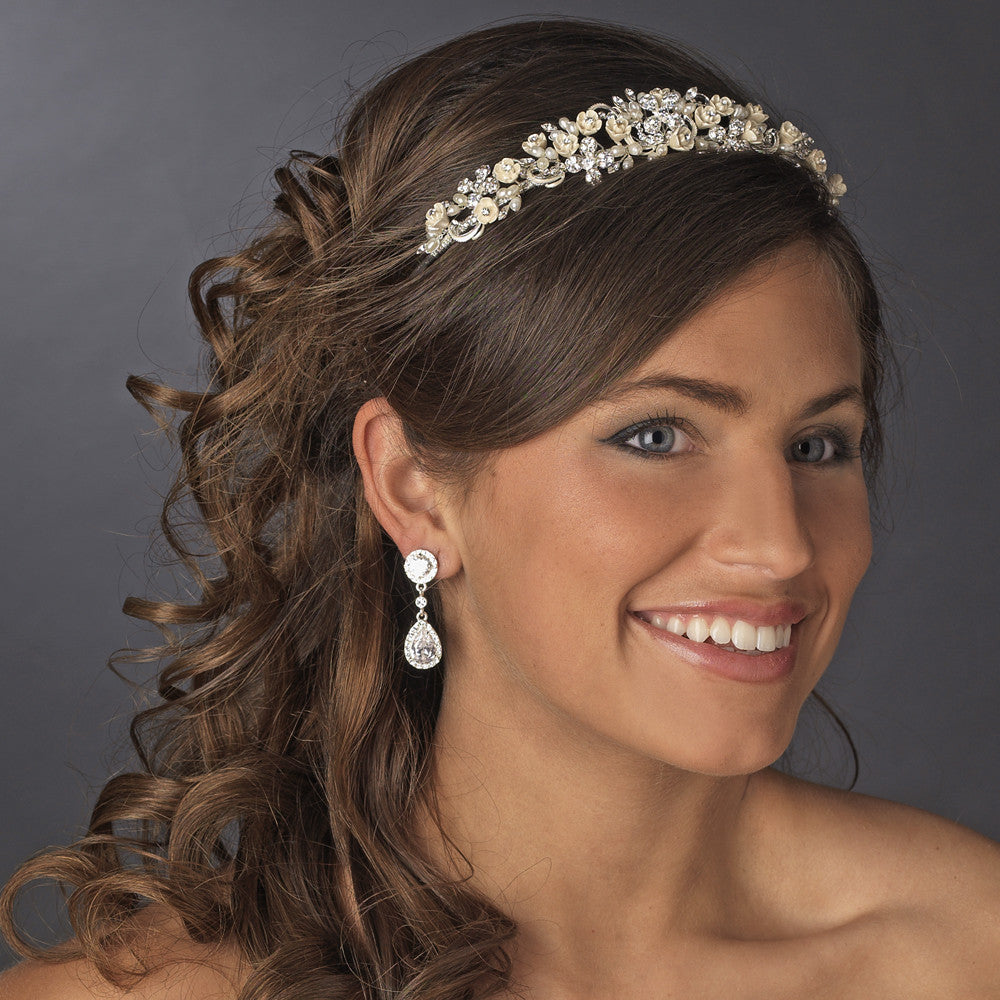 Silver Floral Rhinestone Champagne Elegance Bridal Pearl Headband 7539