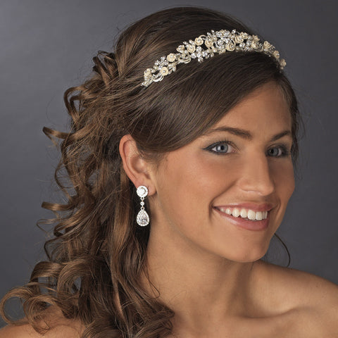 Silver Floral Rhinestone Champagne Elegance Bridal Wedding Pearl Bridal Wedding Headband 7539