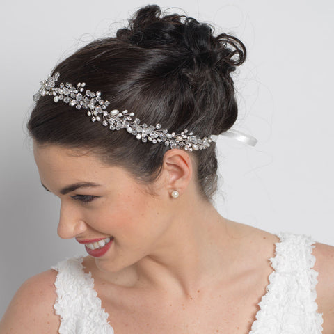 Rhodium Freshwater Pearl & Swarovski Crystal Bead Vine Bridal Wedding Headband