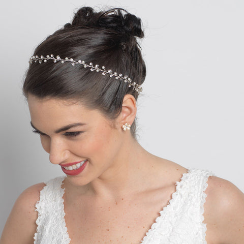 Light Gold Ivory Pearl & Rhinestone Vine Bridal Wedding Headband 1551