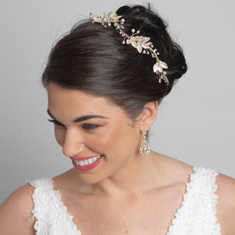 Silver Modern Floral Freshwater Pearl & Rhinestone Leaf Bridal Wedding Headband 1560