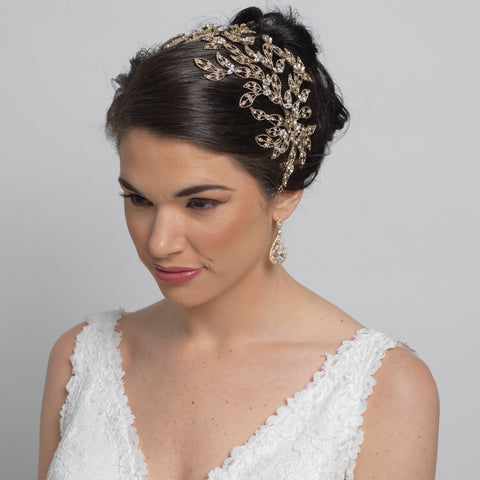 Light Gold Rhinestone Leaf Bridal Wedding Headband 1589