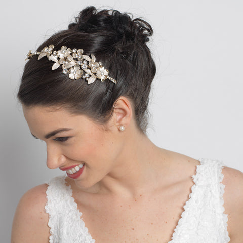 Ivory Flower Rhinestone Side Accented Gold Bridal Wedding Headband 2606