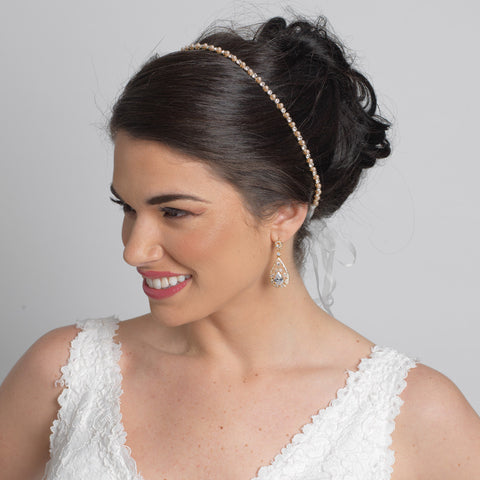 Gold Ivory Pearl & Rhinestone Bridal Wedding Ribbon Headband 2721