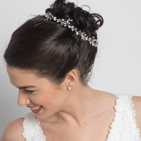 Silver Rhinestone & Freshwater Pearl Vine Bridal Wedding Elastic Headband 6437