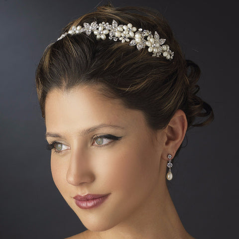Silver Ivory Pearl & Clear Rhinestone Floral Side Accented Bridal Wedding Headpiece 1125