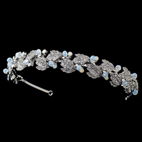 Rhodium Floral Leaf Bridal Wedding Headband with Clear & Opal Swarovski Crystal Beads & Rhinestones