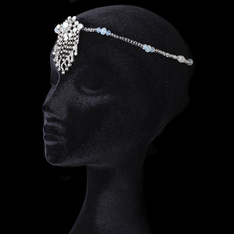 Silver Halo Beaded Bridal Wedding Headband with Opal Swarovski Crystal Beads & Clear Rhinestones