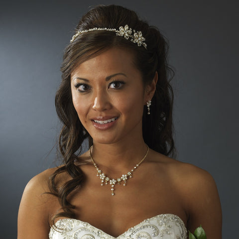 Golden Rhinestone Adored Bridal Wedding Headband with Ivory Side Accents of Faux Pearl Flowers 2853
